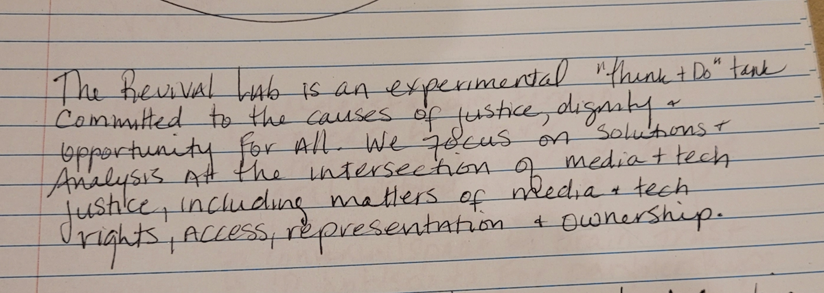 Handwritten note from Brandi Collins-Dexter with description of The Revival Lab.