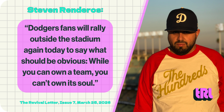 Photo of Steven Renderos: "Dodgers fans will rally outside the stadium again today to say what should be obvious: While you can own a team, you can't own its soul."